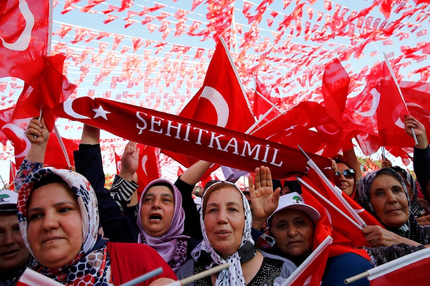 People wave national flags at a rally in Gaziantep.