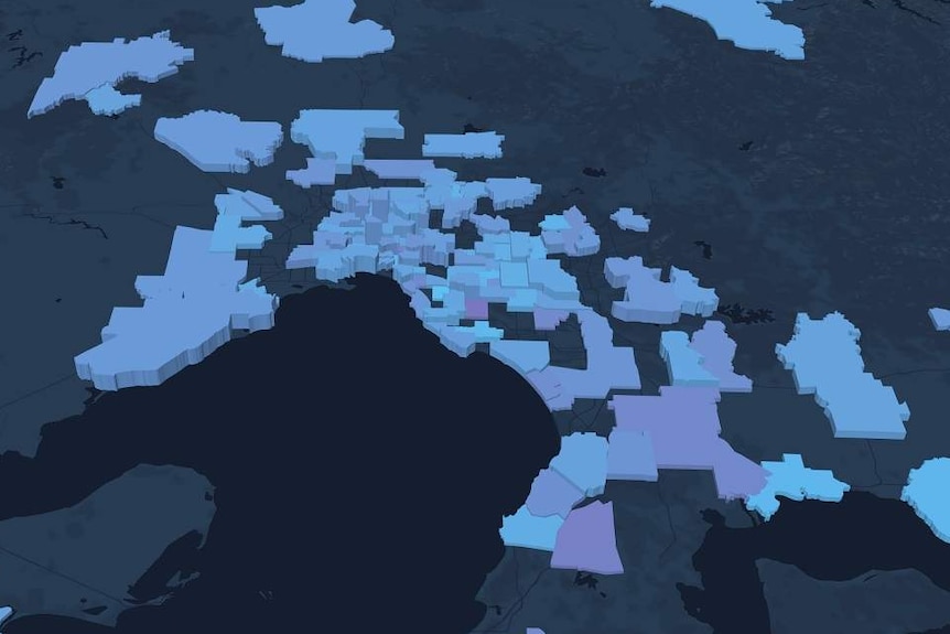 A birds eye view of Victoria showing different suburbs coloured in shades of blue and purple, representing microbial diversity.