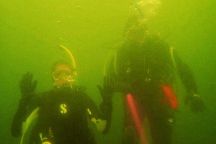 Two scuba divers in murky green water