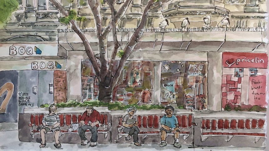 Colourful Queen Street Mall sketched.