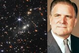 a composite image of galaxies from the James Webb telescope and the man himself