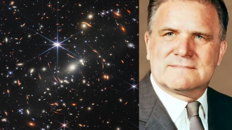 a composite image of galaxies from the James Webb telescope and the man himself