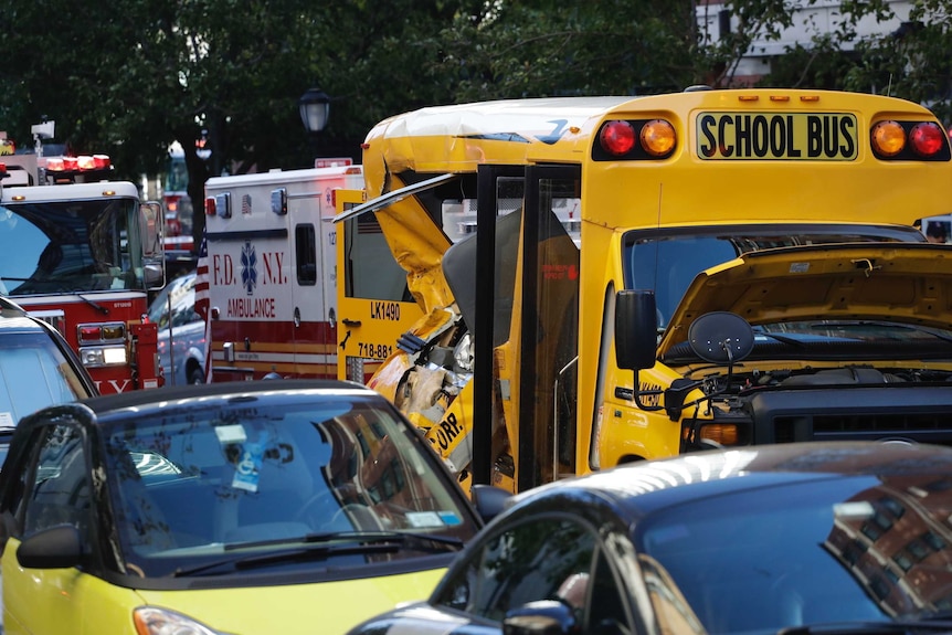 Authorities respond near a damaged school bus