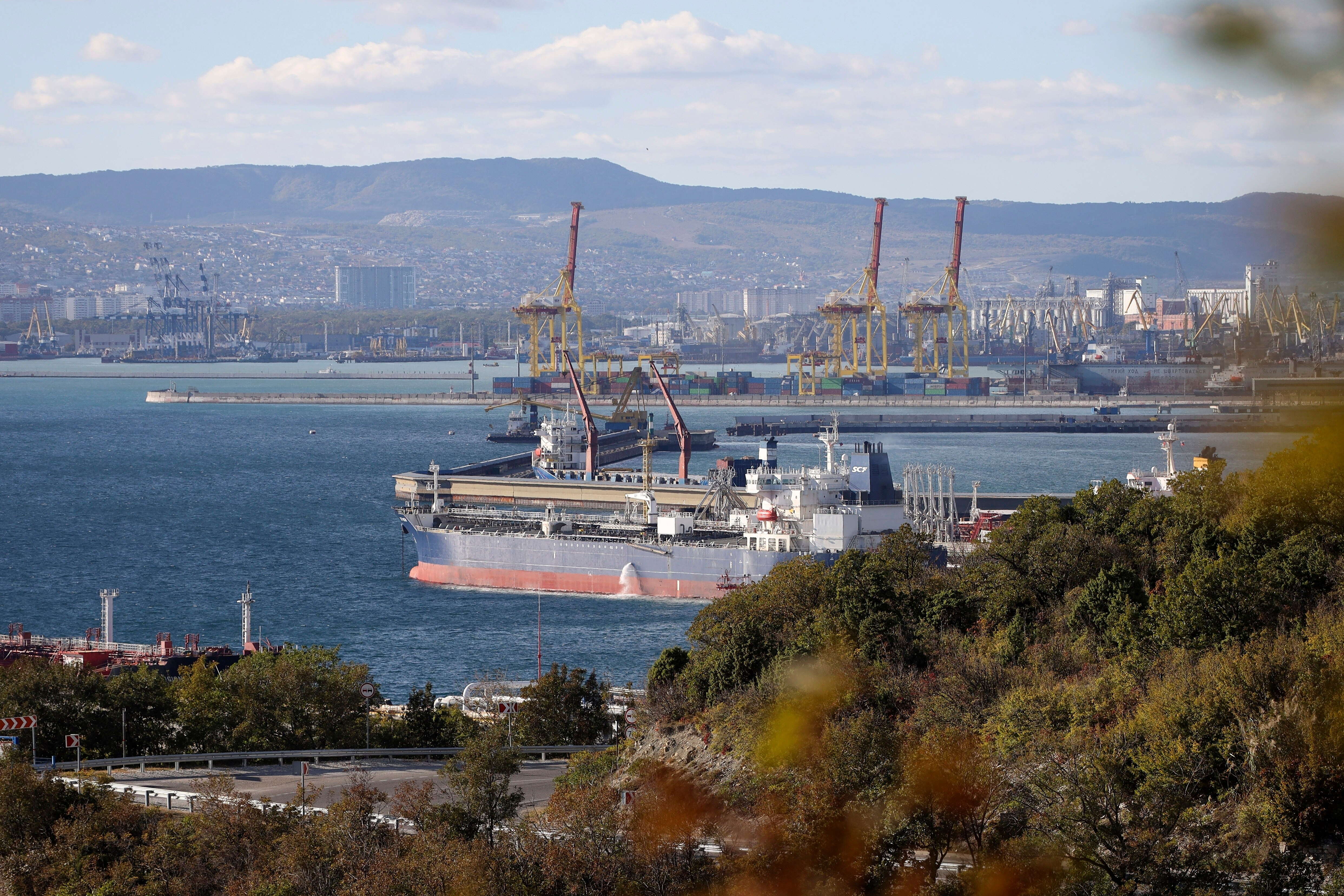 An oil tanker is moored.