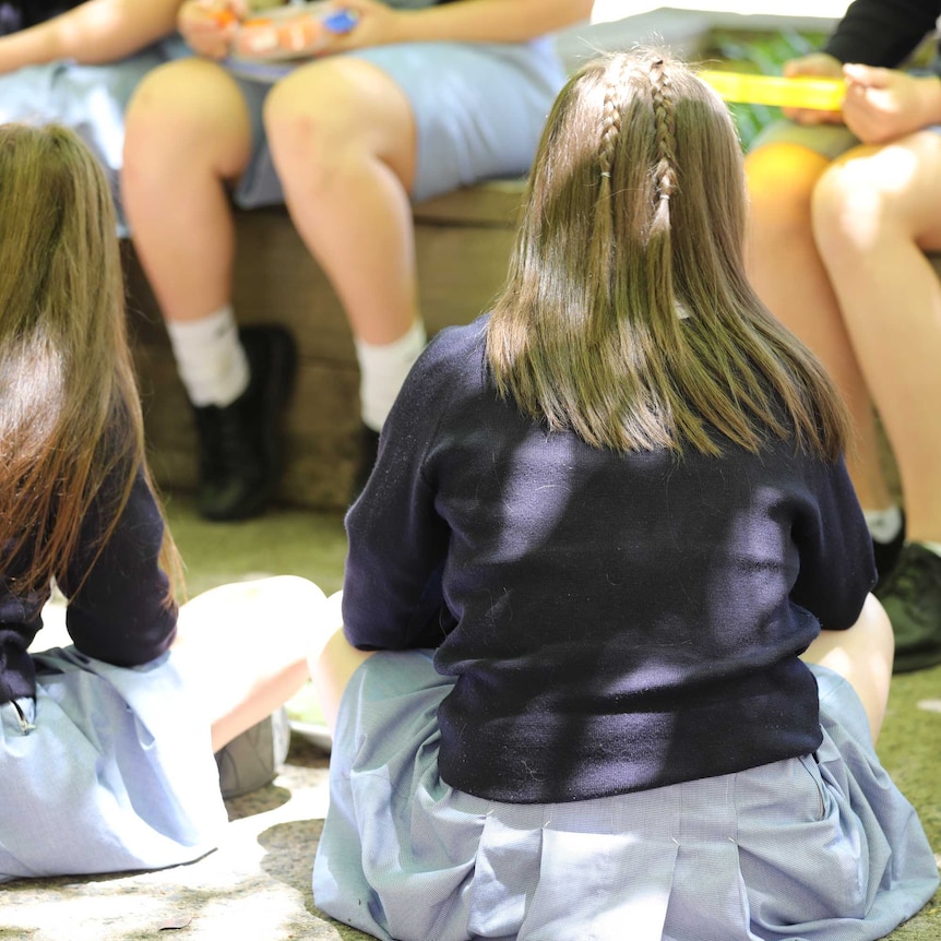 Unidentifiable teenage girls eat in a school yard.
