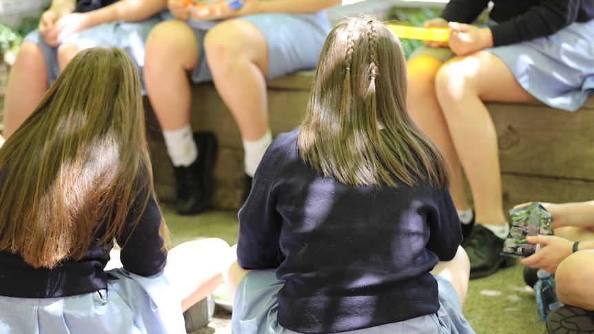 Unidentifiable teenage girls eat in a school yard.