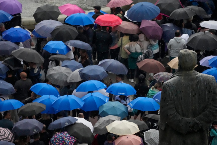 A group of people stand in a crowd holding umbrellas.