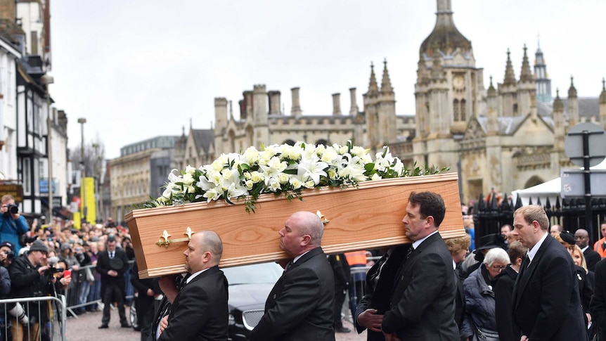 Stephen Hawkings coffin arrives at the church for his funeral