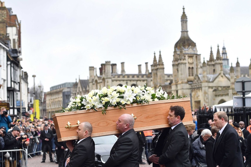 Stephen Hawkings coffin arrives at the church for his funeral