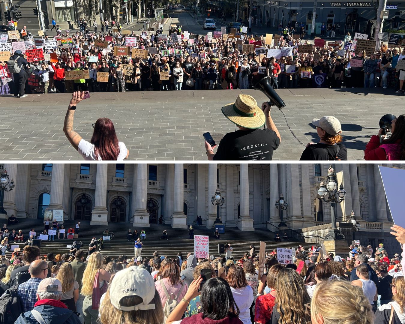 A crowd of protestors holding signs outside Victoria Parliament.