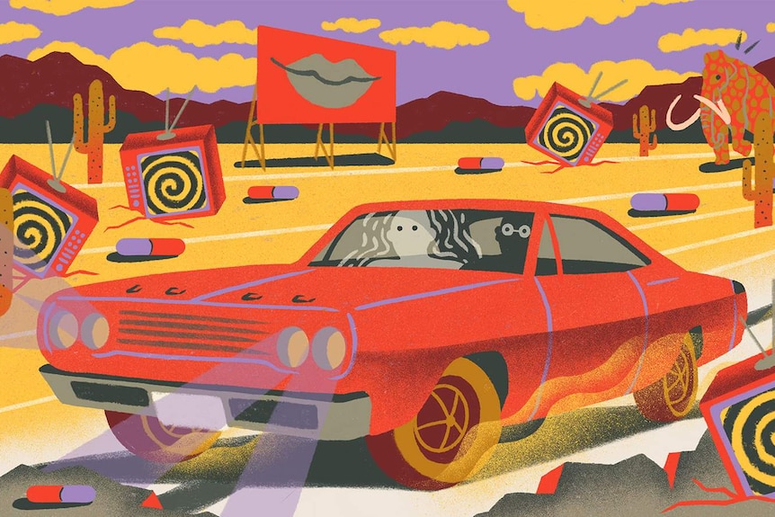 Illustration of two figures in a car driving through a surreal dessert with cacti, televisions, pills, and mammoths