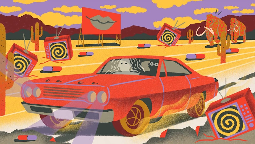 Illustration of two figures in a car driving through a surreal dessert with cacti, televisions, pills, and mammoths
