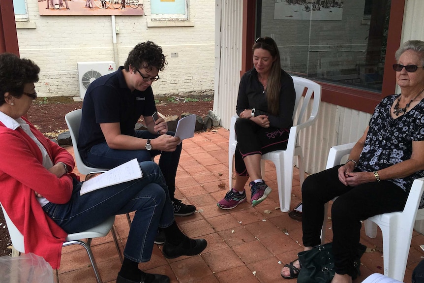 Country Hour presenter Nikolai Beilharz speaking with women farmers .