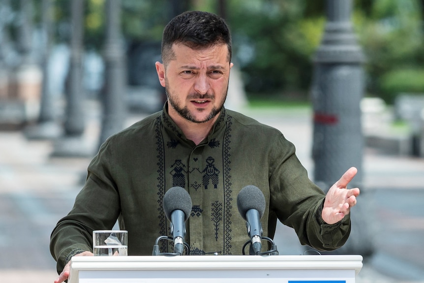 President of Ukraine Volodymyr Zelenskyy takes part in a joint press conference 