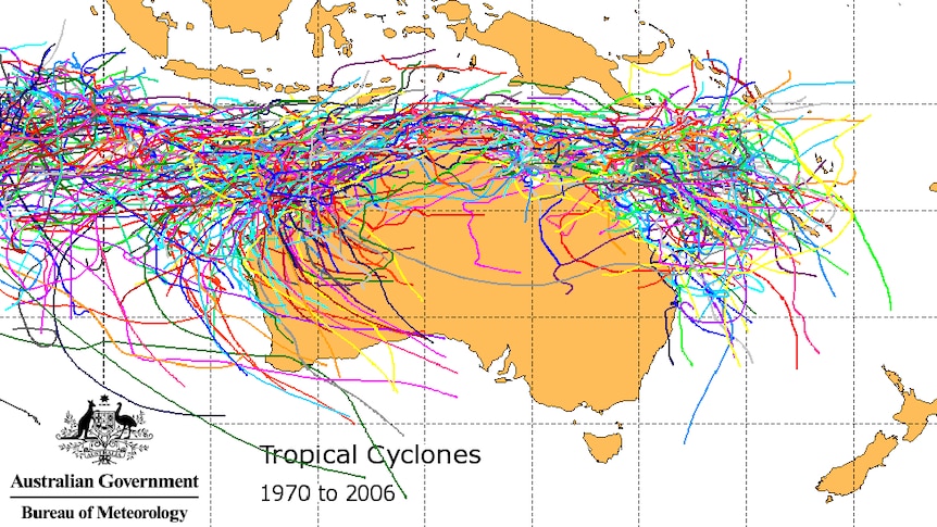 Tropical cyclones tracked across Australia, 1970 to 2006.