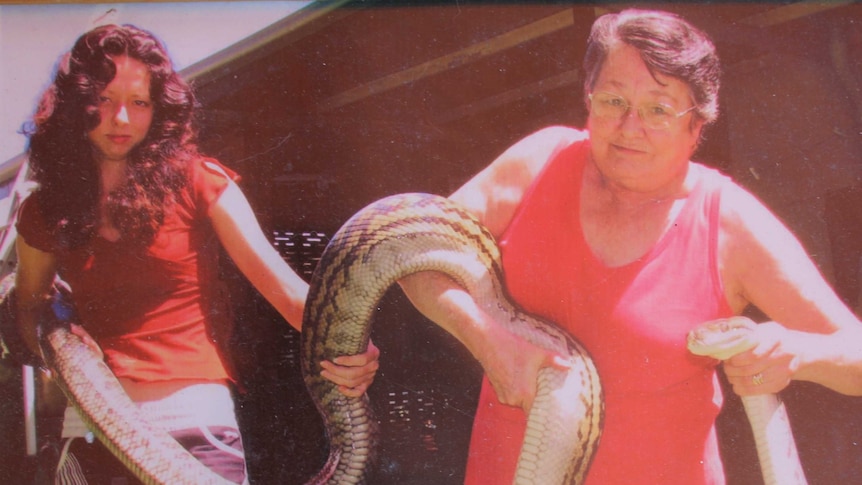 Ingham snake handler Virginia McGrath (right) and daughter Vanessa with a 16-kilogram, five-metre scrub python in 2008.