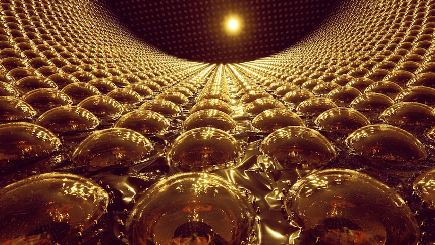 A view inside Super Kamiokande looking up at the ceiling.