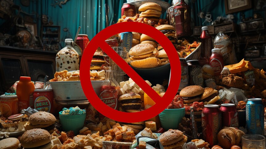 A huge amount of junk food of all types arranged on a table. A banned symbol placed over the top.