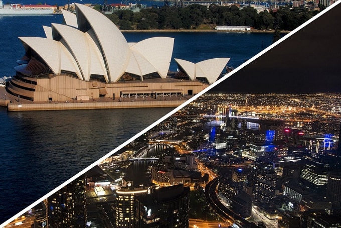 A composite image of the Opera House and Melbourne at night