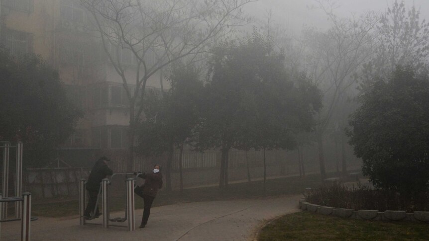 A woman wearing a mask for protection against air pollution in a residential complex shrouded with heavy smog in Hebei.