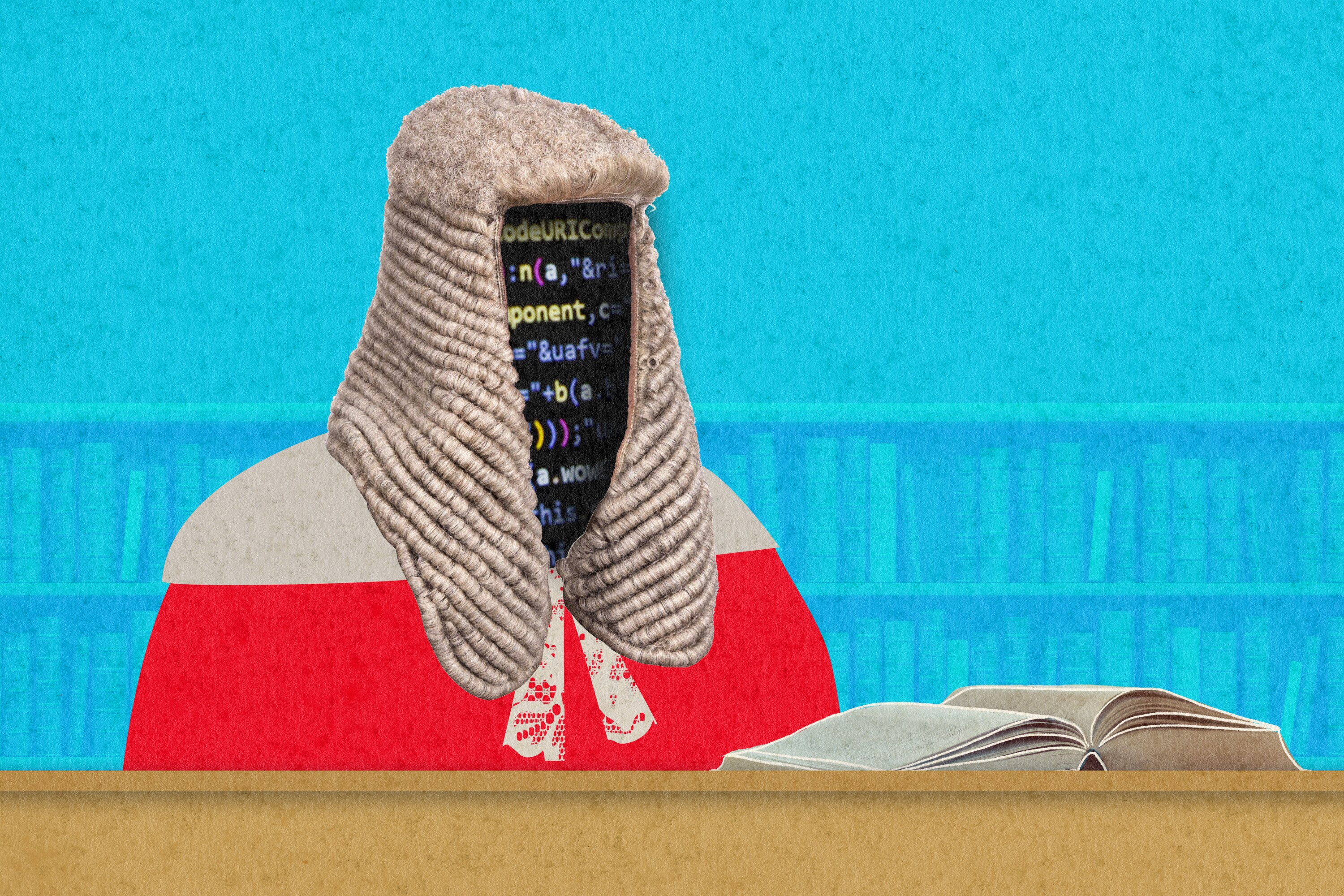 illustration of a person in a red judge cloak and wig with black screen for face covered in coloured mathematical symbols