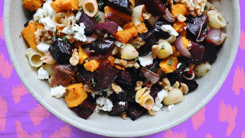 Beetroot and pumpkin pasta salad is a perfect picnic option