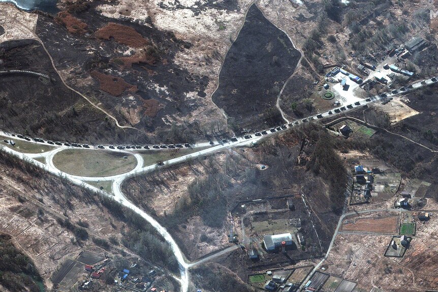 The large military convoy seen north of Kyiv in a satellite image.