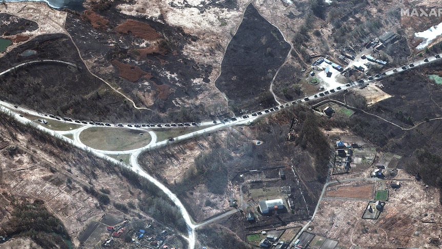The large military convoy seen north of Kyiv in a satellite image.
