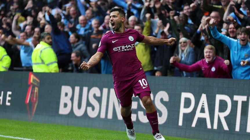 Manchester City's Sergio Aguero celebrates scoring a hat-trick against Watford