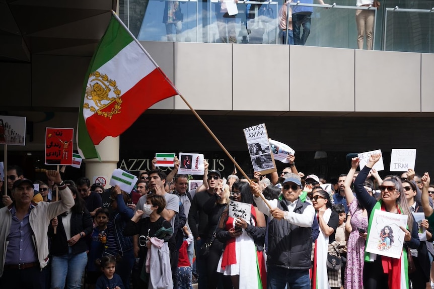 Wide shot of protesters holding up signs and Iranian flag  
