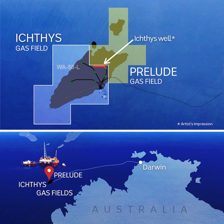 Map illustrating the location of the Prelude and Ichthys gas fields and showing how they are linked