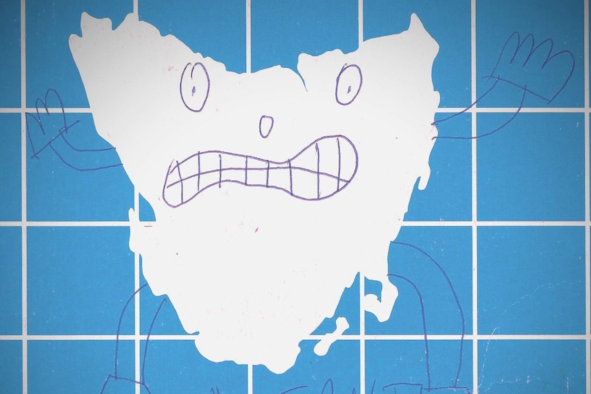 A child's drawing of a map of Tasmania depicted as a monster.