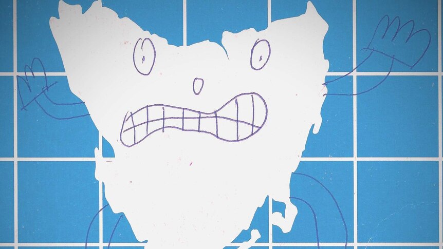 A child's drawing of a map of Tasmania depicted as a monster.