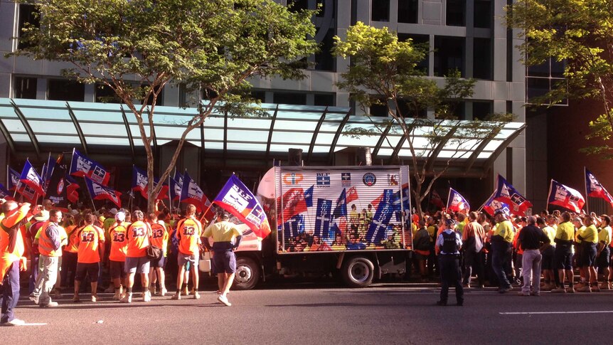 Union members block the Brisbane city office of Attorney-General Jarrod Bleijie on May 6, 2013.
