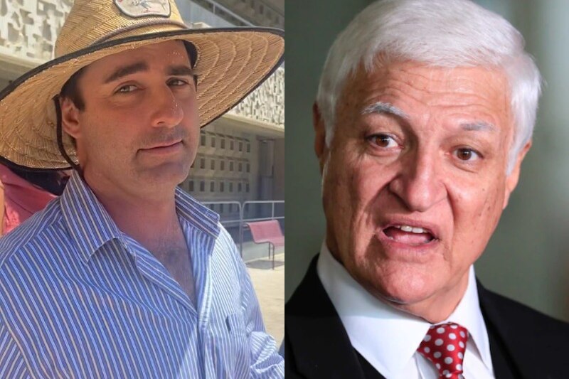 Photo 1 shows a man in a broad straw hat and collared shirt, photo 2 shows an angry grey haired man