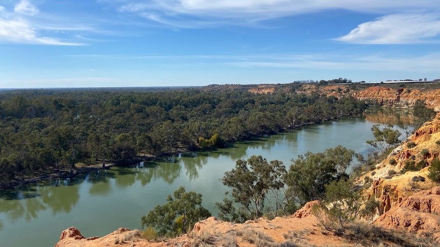 The Murray River is seen below from an orange rocky cliff face that has green shrub on one side of the river