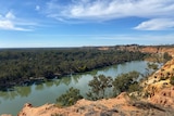 The Murray River is seen below from an orange rocky cliff face that has green shrub on one side of the river