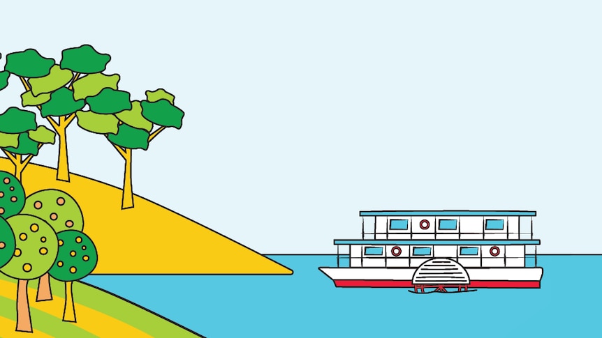 Cartoony graphic showing a paddlesteamer on blue water, with cartoon trees on a yellow and green bank.