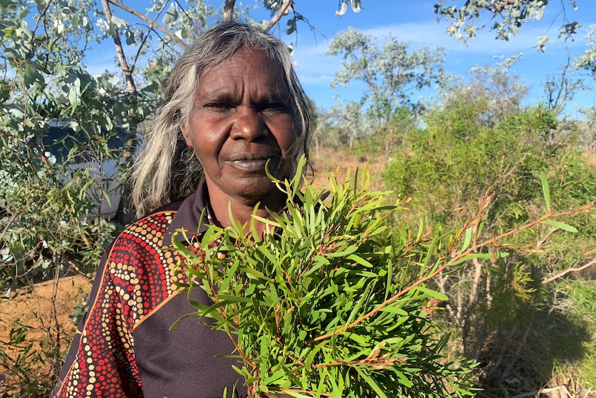 An Aboriginal woman with long hair holds a bunch of green leaves