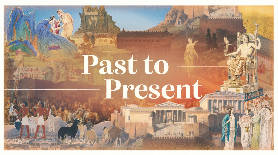 A colourful collage of artworks related to various ancient civilisations, with title text reading Past to Present