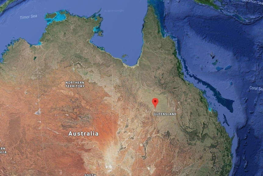Marker showing Winton on a satellite map of Australia. The marker sits in almost exactly the middle of the state of Queensland.