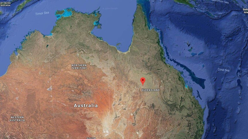 Marker showing Winton on a satellite map of Australia. The marker sits in almost exactly the middle of the state of Queensland.