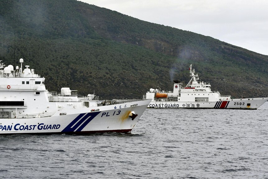 White ships in front of a green island.