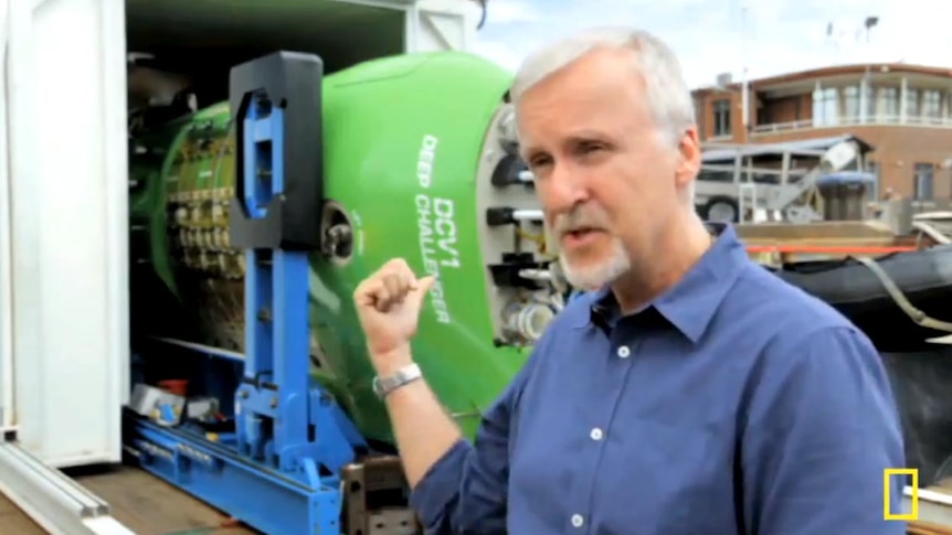 James Cameron with the submarine that will take him to the bottom of the Marianna Trench.