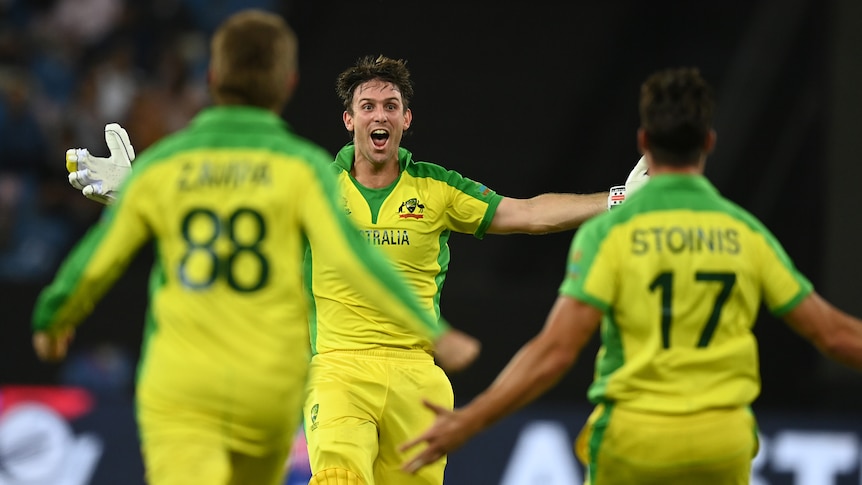 A batsman with his pads on and wearing a big smile strides toward teammates after his team's win in the T20 World Cup final.