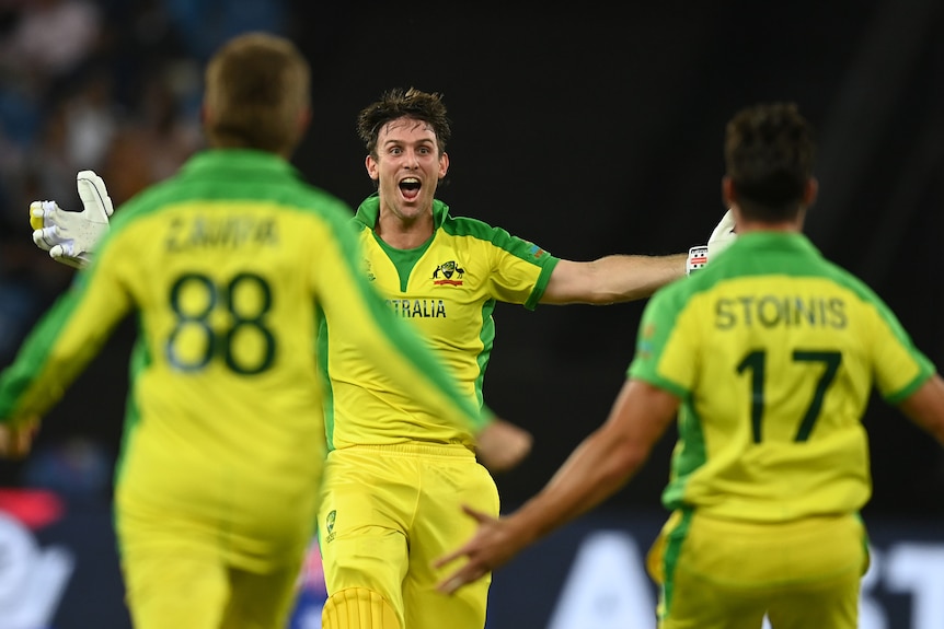 A batsman with his pads on and wearing a big smile strides toward teammates after his team's win in the T20 World Cup final.