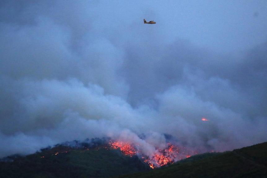 Plane flies over fires in Mati, Greece
