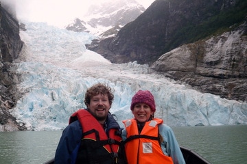 Elizabeth Allison and her husband Eric Biber at the foot of Glaciar Balmaceda, Chile.
