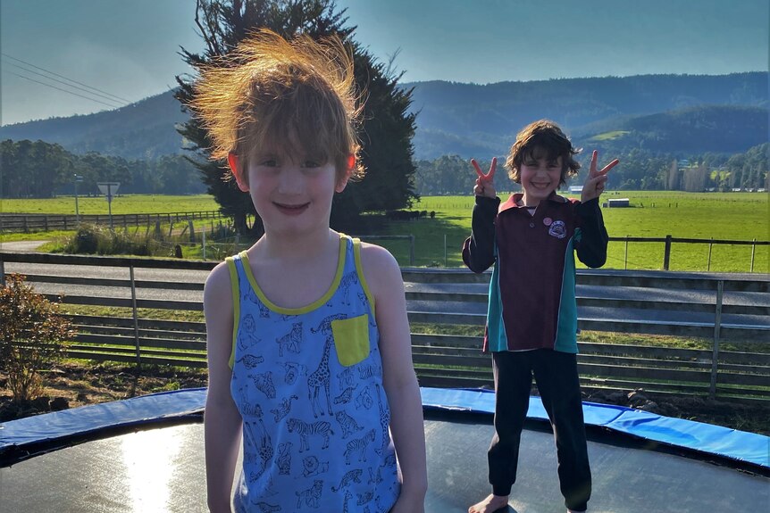 Two boys on a trampoline, with one displaying static-affected hair.