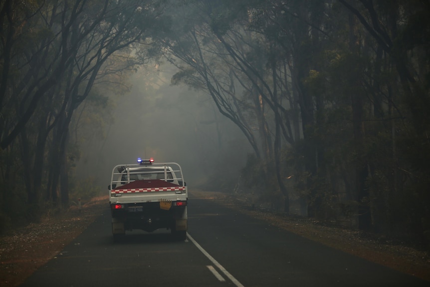 A fire appliance vehicle drives down a smoky road 